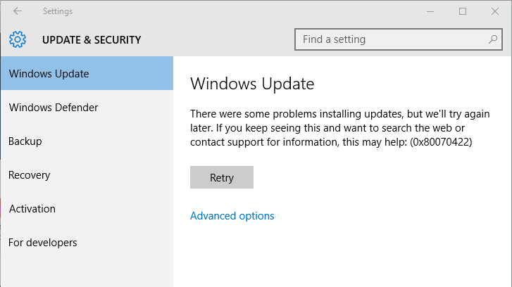 reparieren Sie Windows 10 Fehlercode 0x80070422