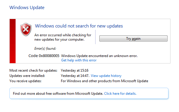entfernen Sie den Windows Update-Fehlercode 0x80080005