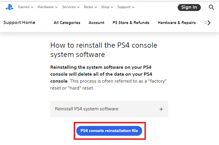 Neuinstallationsdatei der PS4-Konsole